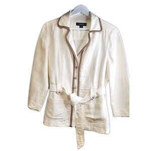 JonesWear Linen Blend Jacket Womens 8 Ivory Belted Blazer Taupe Trim Lightweight